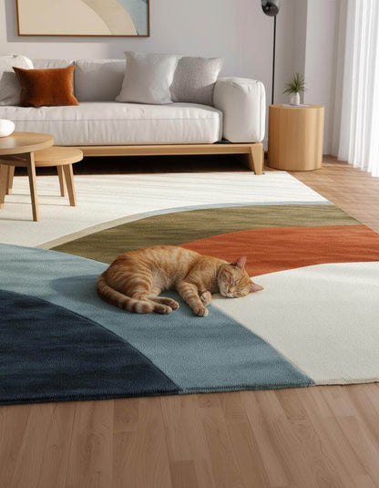 Abstract Color Block Area Rug: Terracotta, Sage, and Blue on Ivory