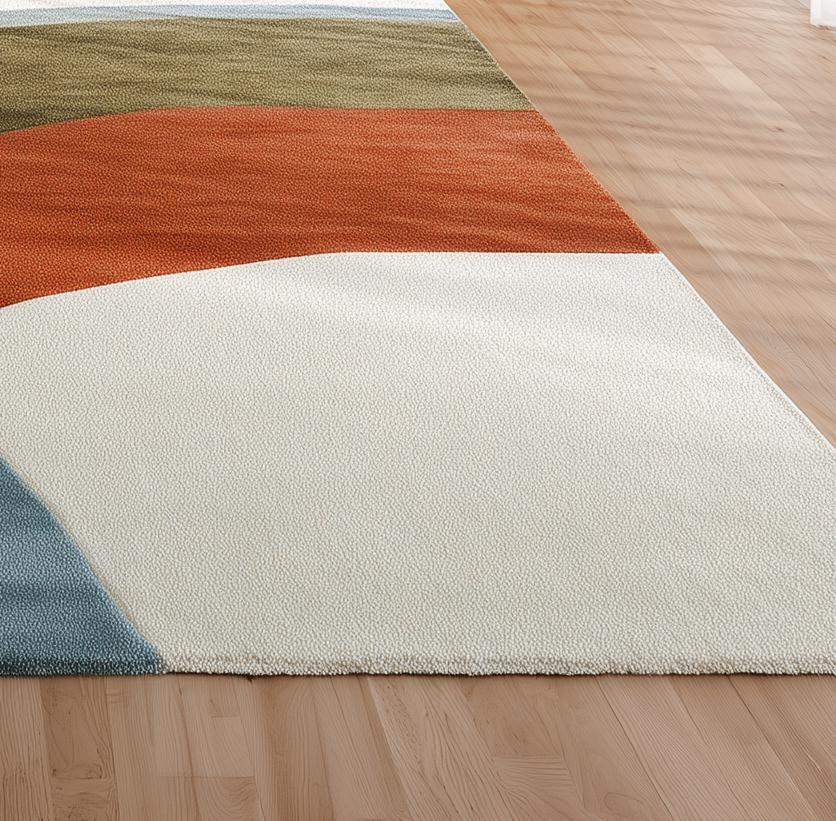Abstract Color Block Area Rug: Terracotta, Sage, and Blue on Ivory
