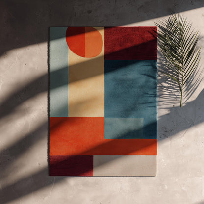Mid century modern abstract geometric rug with teal and orange accent colors and plush pile