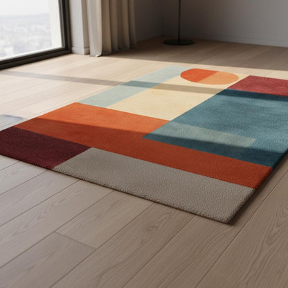 Abstract geometric rug in teal and orange with mid century modern design and plush pile texture