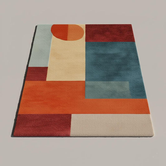 Abstract geometric rug in teal and orange with mid century modern design and plush pile carpet