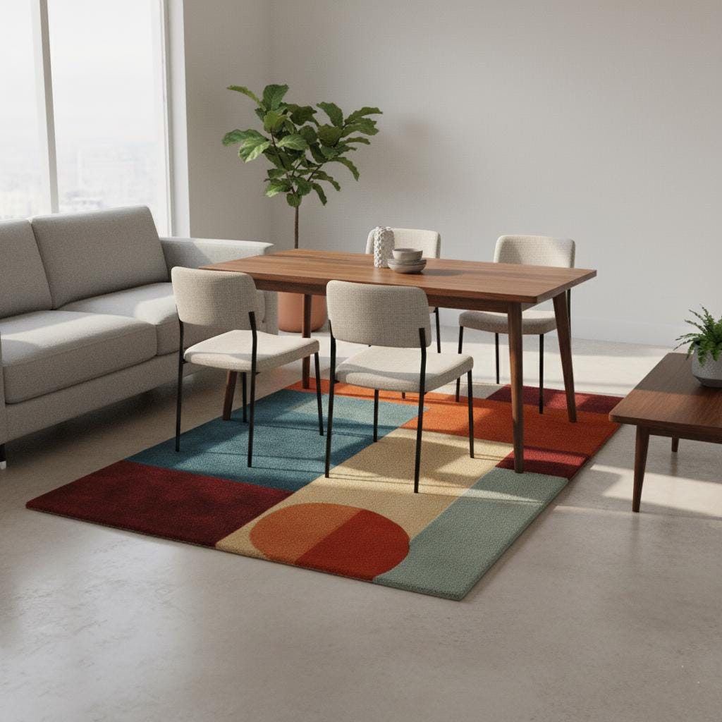 Abstract Geometric Area Rug: Mid-Century Modern Teal & Orange Accent Teppich