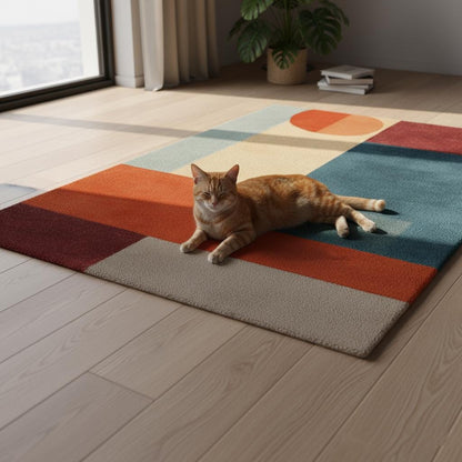 Abstract geometric mid century modern rug with teal and orange accents in living room