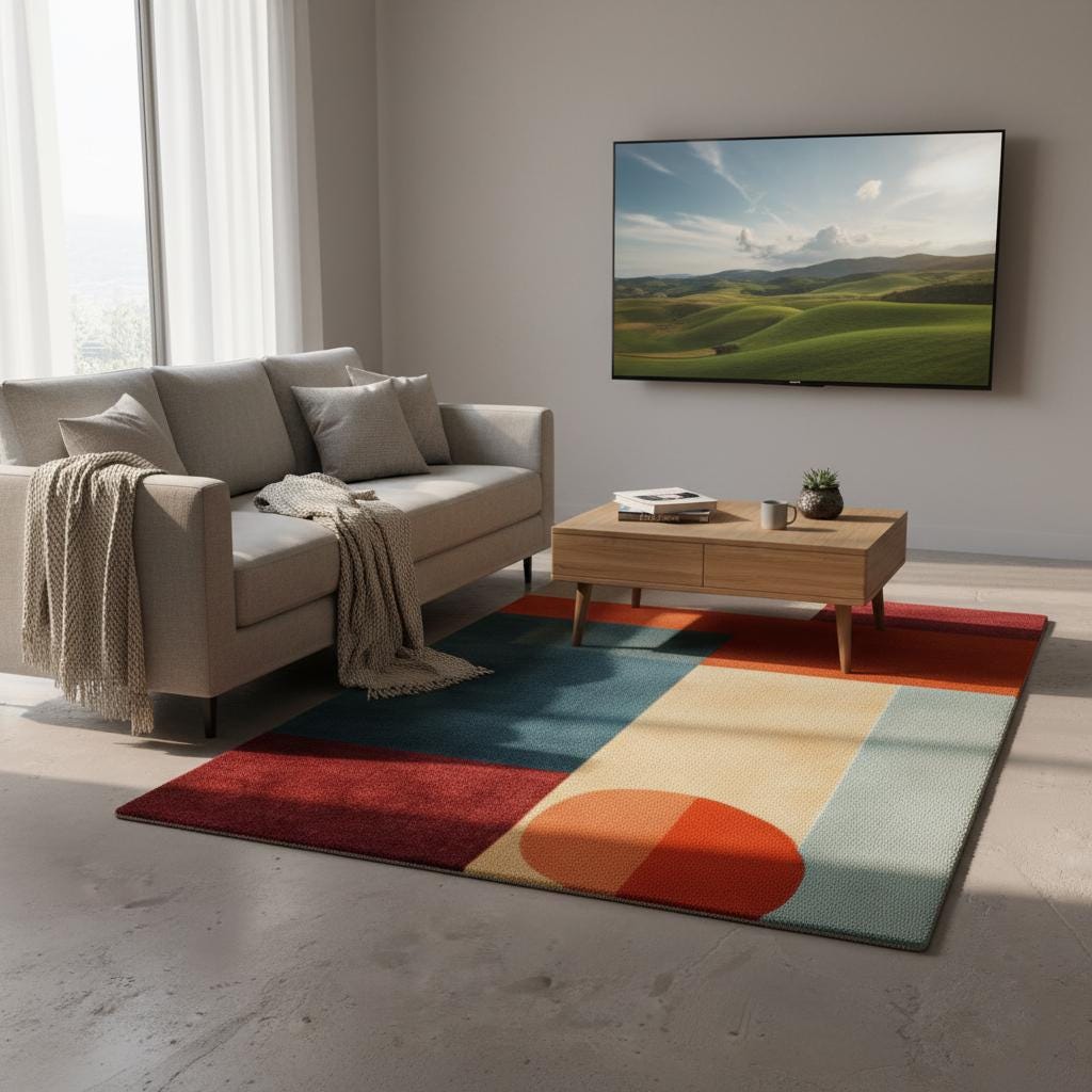 Abstract Geometric Area Rug: Mid-Century Modern Teal & Orange Accent Teppich