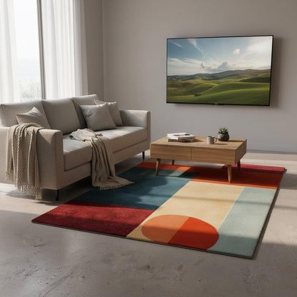 Abstract geometric rug with teal and orange mid-century modern design