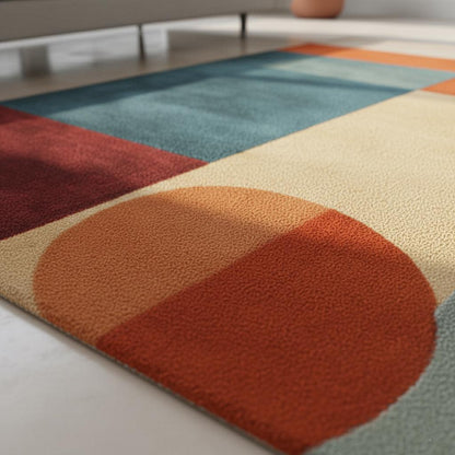 Abstract geometric rug with teal, orange, and mid-century modern design in living room setting