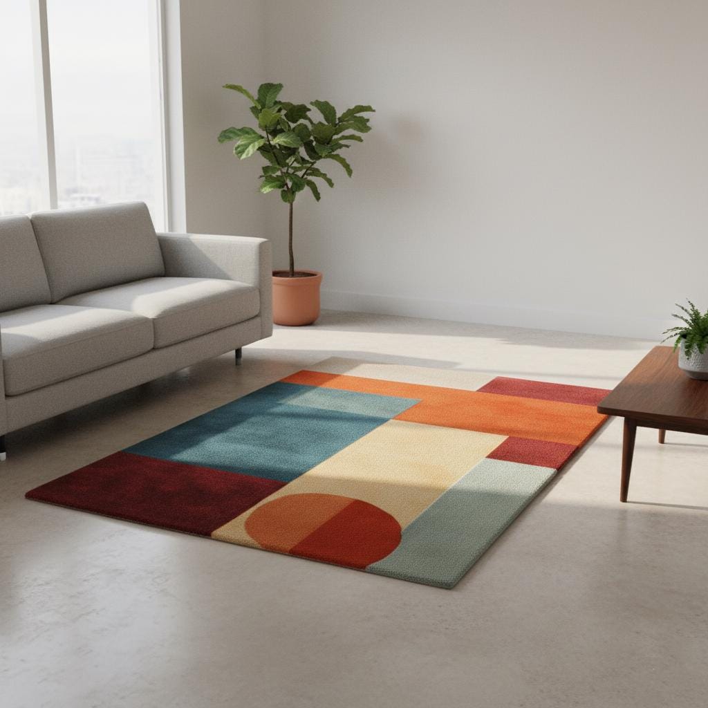 Abstract Geometric Area Rug: Mid-Century Modern Teal & Orange Accent Teppich