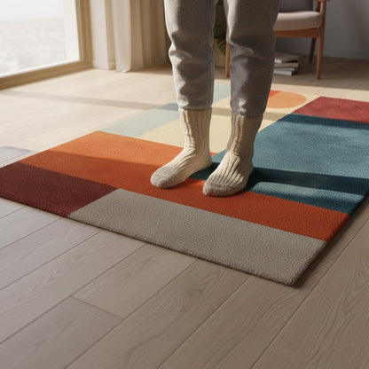 Abstract geometric rug with teal and orange mid-century modern design and plush pile carpet