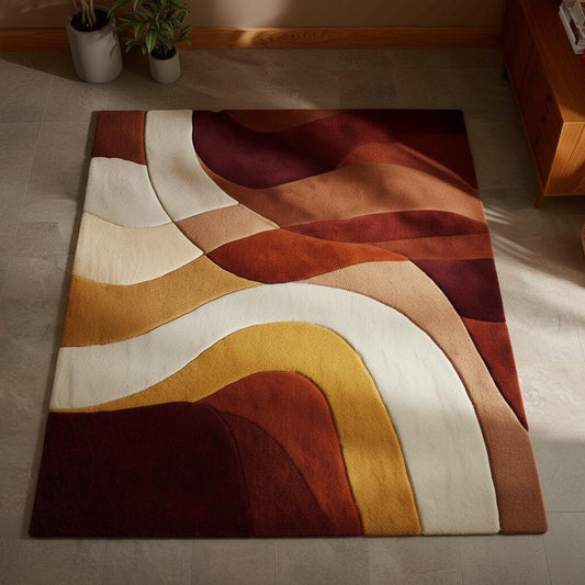 Handmade abstract geometric wool rug in earth tones with mid-century modern design