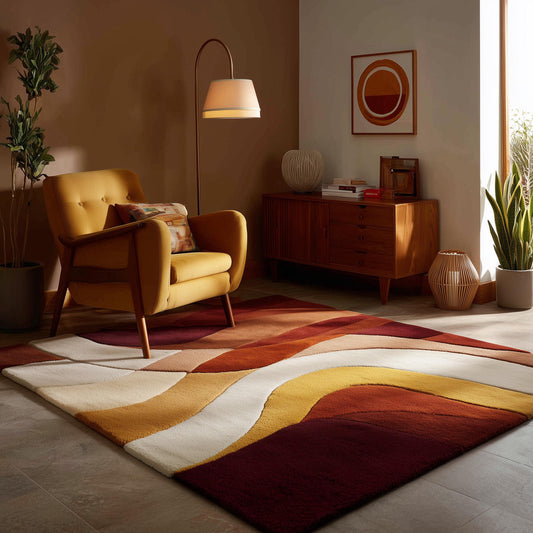 Abstract Geometric Wool Rug: Earth Tones, Mid-Century Modern Design