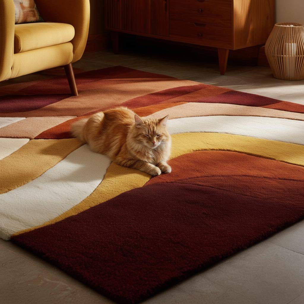 Abstract Geometric Wool Rug: Earth Tones, Mid-Century Modern Design