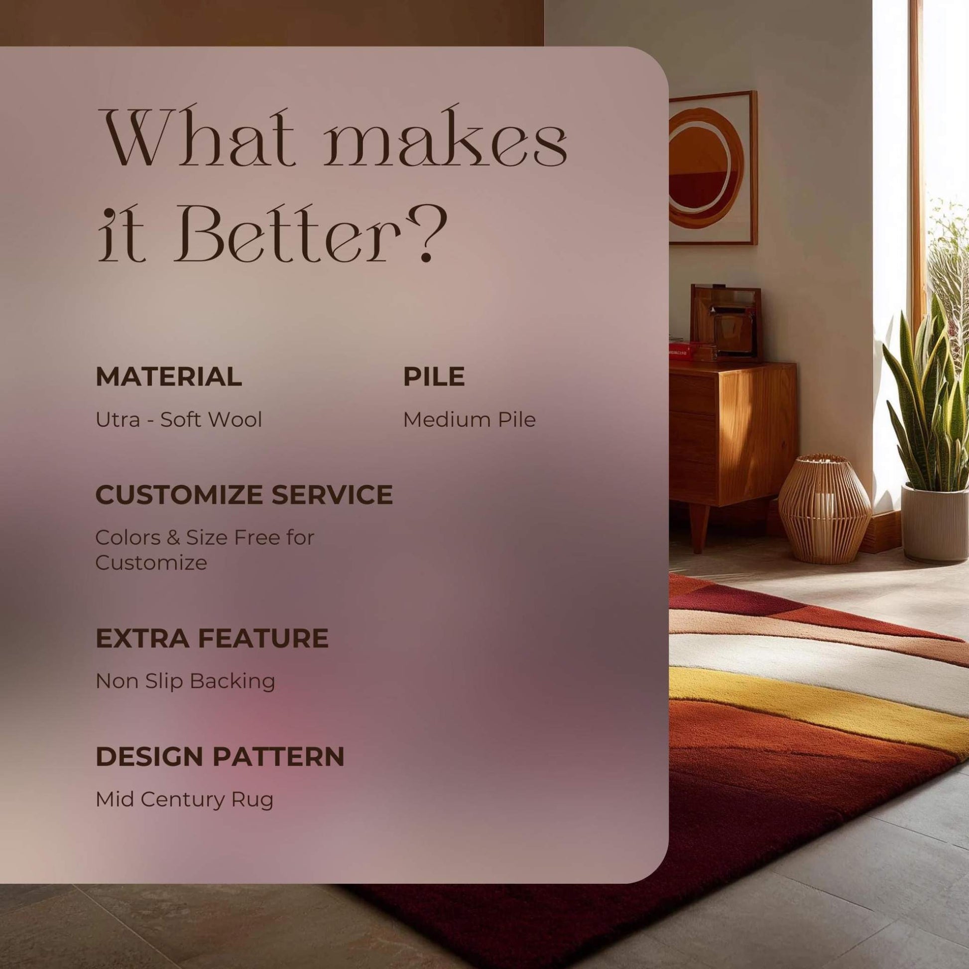 Abstract Geometric Wool Rug: Earth Tones, Mid-Century Modern Design