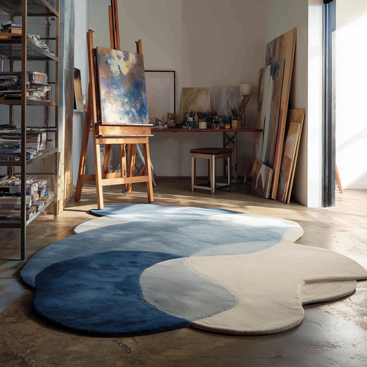 Abstract Pebble Rug – Blue and Beige Freeform Organic Area Rug Teppich