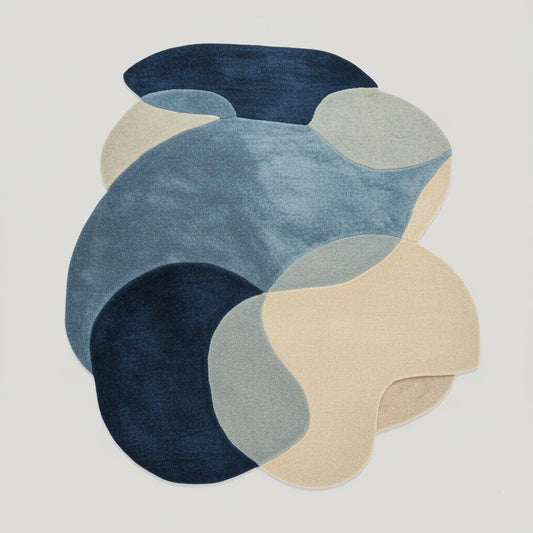 Abstract pebble rug with blue and beige freeform shapes and plush cut pile surface