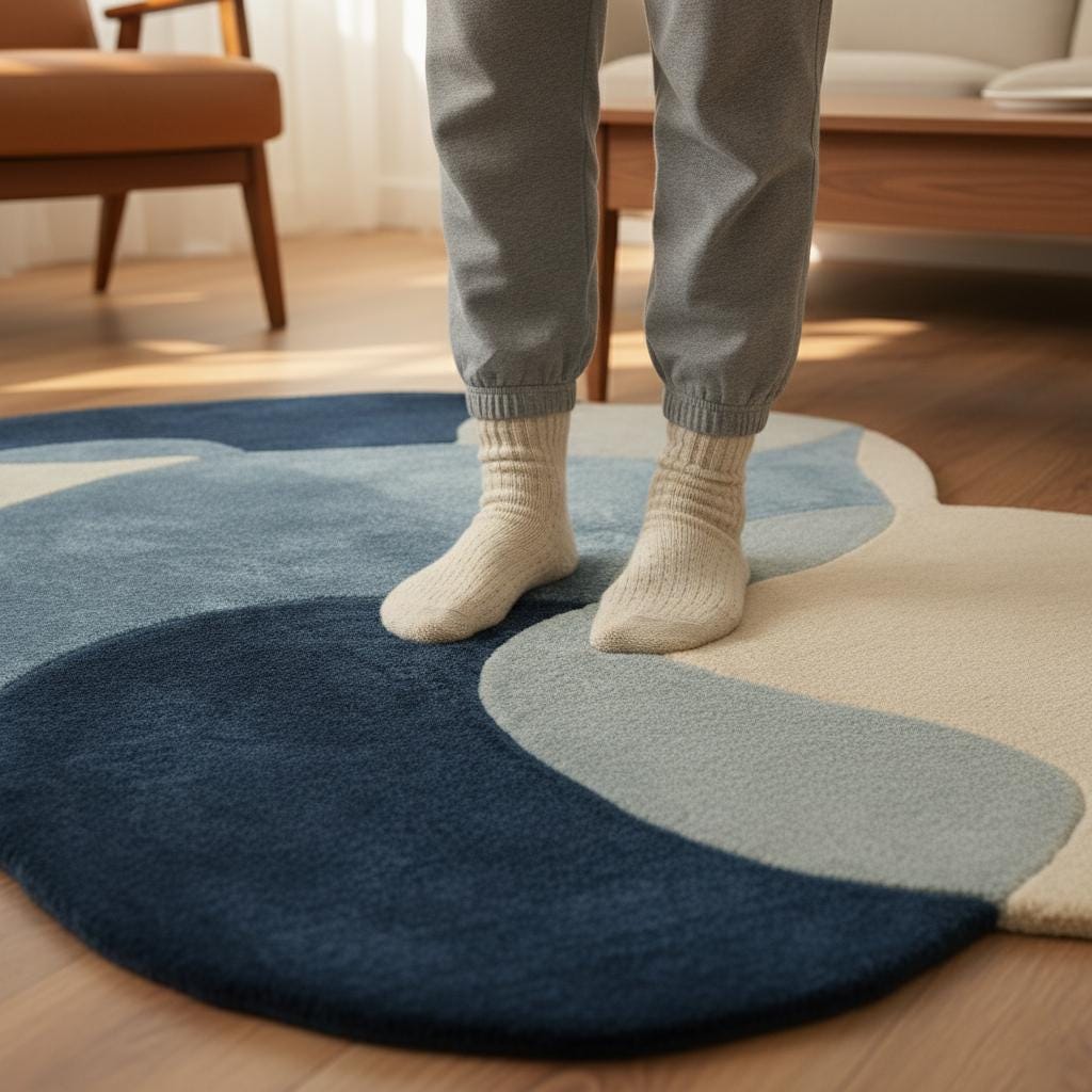 Abstract Pebble Rug – Blue and Beige Freeform Organic Area Rug Teppich