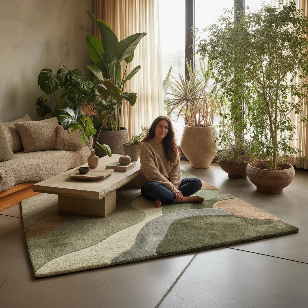 Abstract Sculpted Area Rug: Earth-Tone Olive & Sage, High-Low Texture