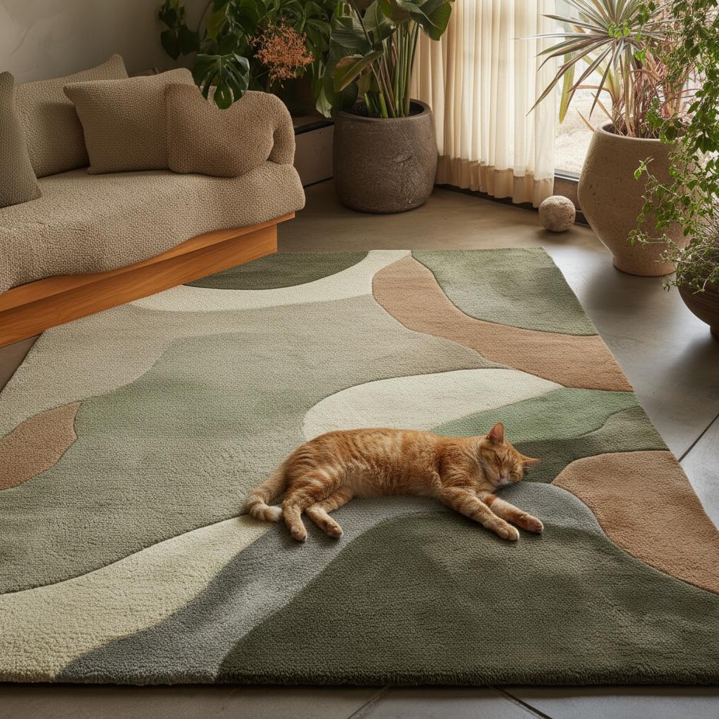Abstract Sculpted Area Rug: Earth-Tone Olive & Sage, High-Low Texture