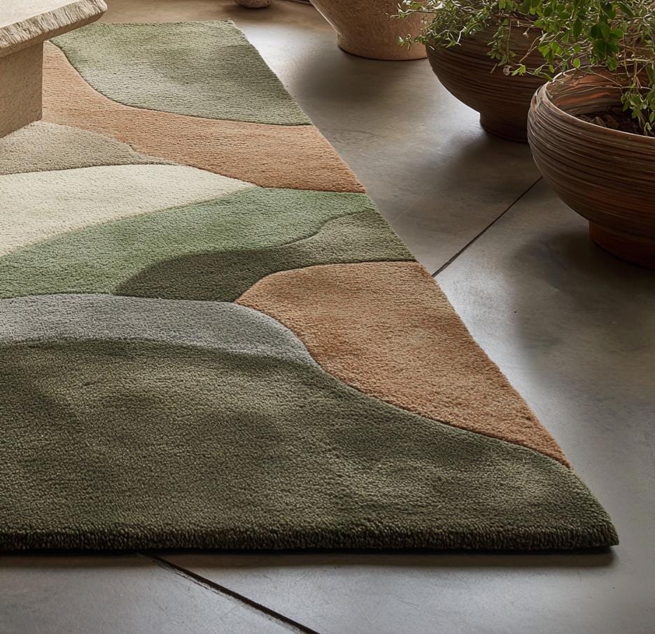 Abstract Sculpted Area Rug: Earth-Tone Olive & Sage, High-Low Texture