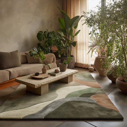 Abstract Sculpted Area Rug: Earth-Tone Olive & Sage, High-Low Texture