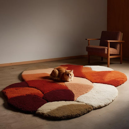 Abstract shag rug with organic curved edges in warm terracotta and earthy tones for modern boho living room decor