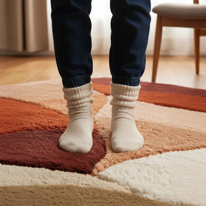 Abstract Shag Rug with irregular organic shape and warm terracotta tones for modern living room decor
