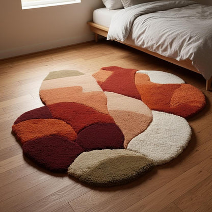 Abstract shag rug with irregular organic edges in terracotta, rust, burgundy, cream, and brown tones for boho living room decor