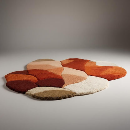 Abstract Shag Rug with irregular organic shape and warm terracotta tones for modern living room decor