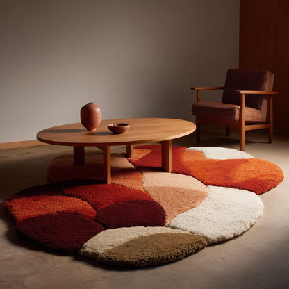 Abstract shag rug with irregular curved edges in warm terracotta, rust, burgundy, cream, and brown tones.