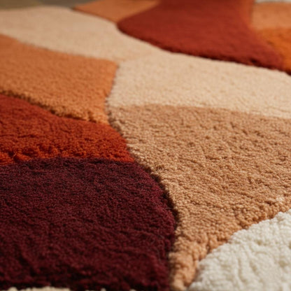 Abstract Shag Rug with irregular shape and warm terracotta tones in modern boho living room decor