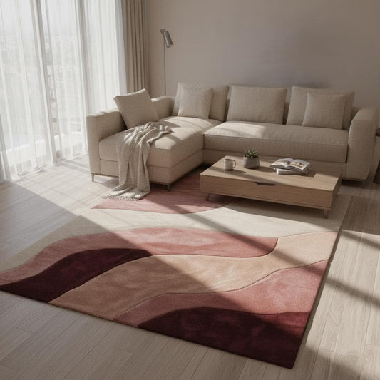 Abstract wavy area rug in burgundy, blush, and cream with plush cut pile and organic wave pattern for living room decor