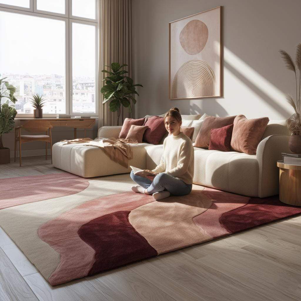 Abstract wavy area rug with burgundy, blush, and cream tones in a 9x12 plush cut pile design for living rooms