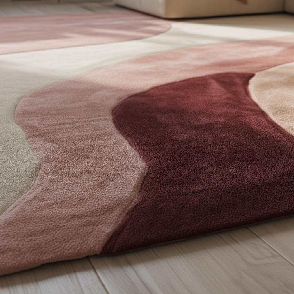 Abstract wavy area rug in burgundy, blush, and cream with plush cut pile and organic wave pattern, 9x12 living room carpet by MOSSHAVENLOVE.