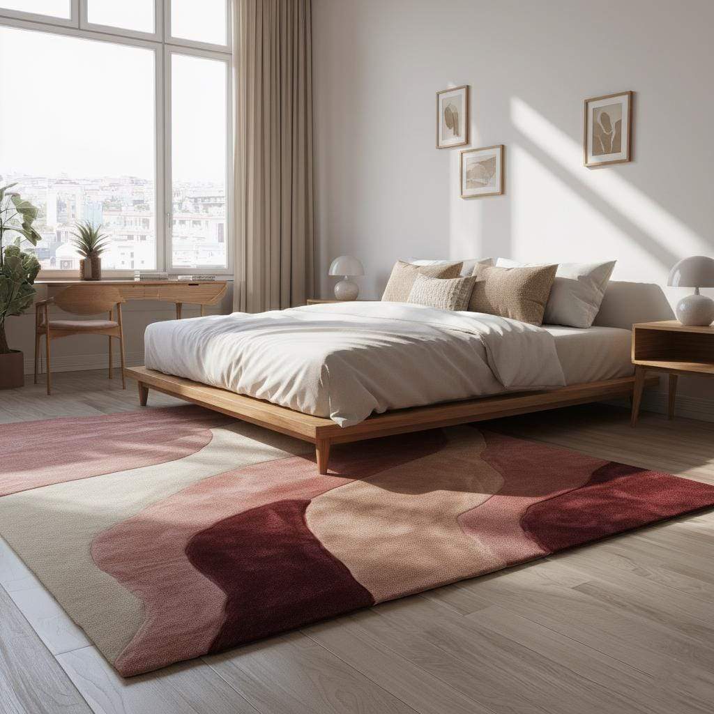 Abstract wavy area rug in burgundy, blush, and cream with plush cut pile and organic wave pattern, 9x12 living room carpet by MOSSHAVENLOVE