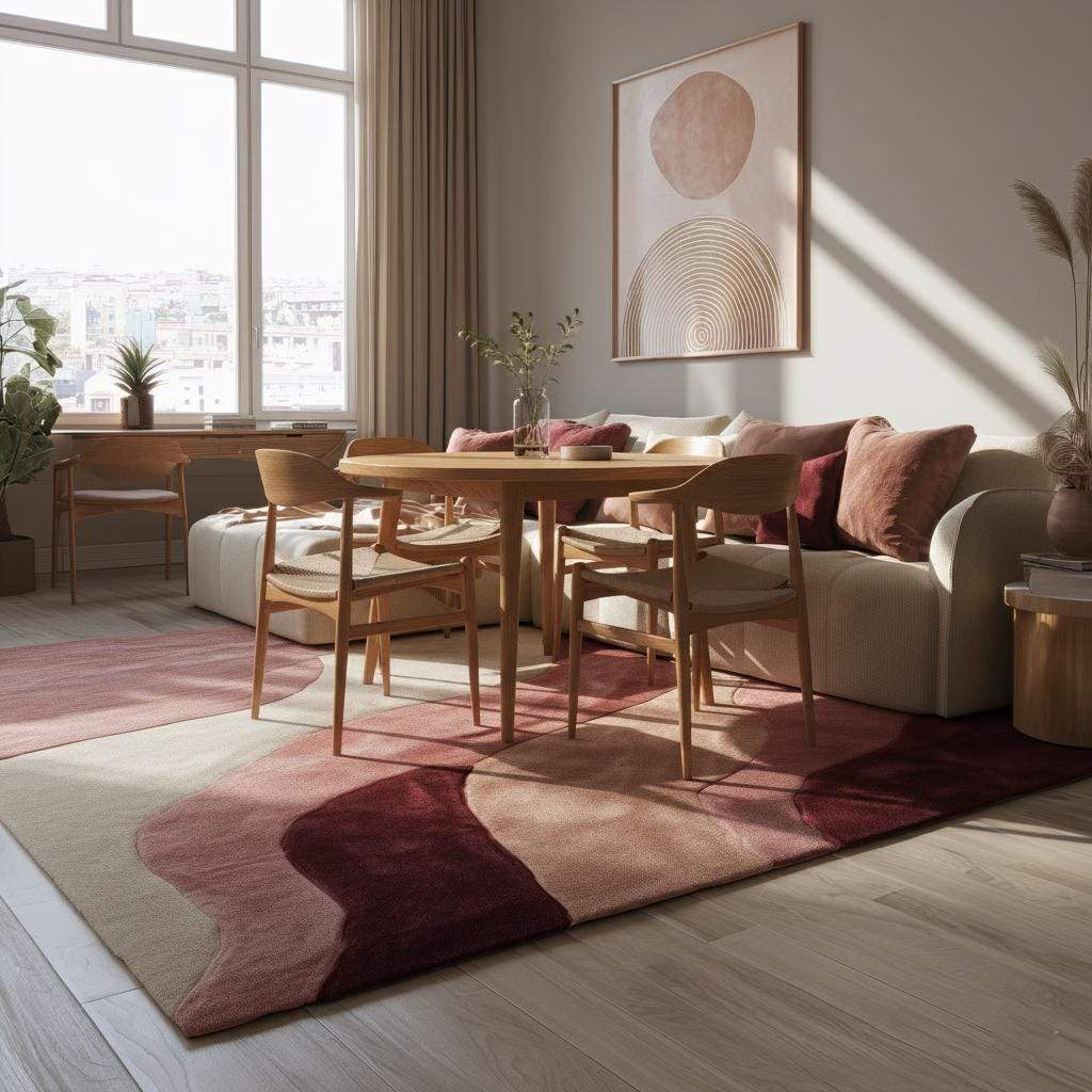 Abstract wavy area rug in burgundy blush and cream with plush cut pile and organic wave pattern for living room decor