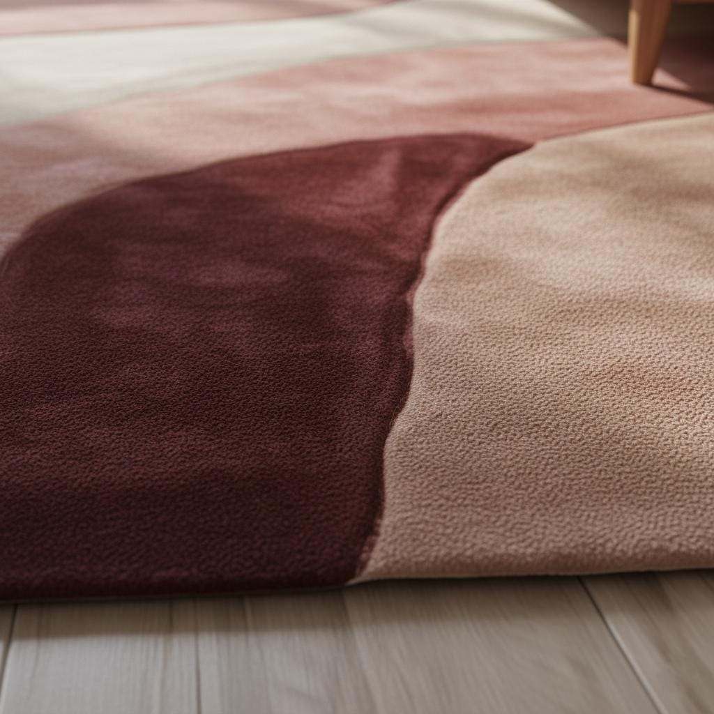 Abstract wavy area rug in burgundy, blush, and cream with plush cut pile and organic wave pattern, 9x12 living room carpet by MOSSHAVENLOVE