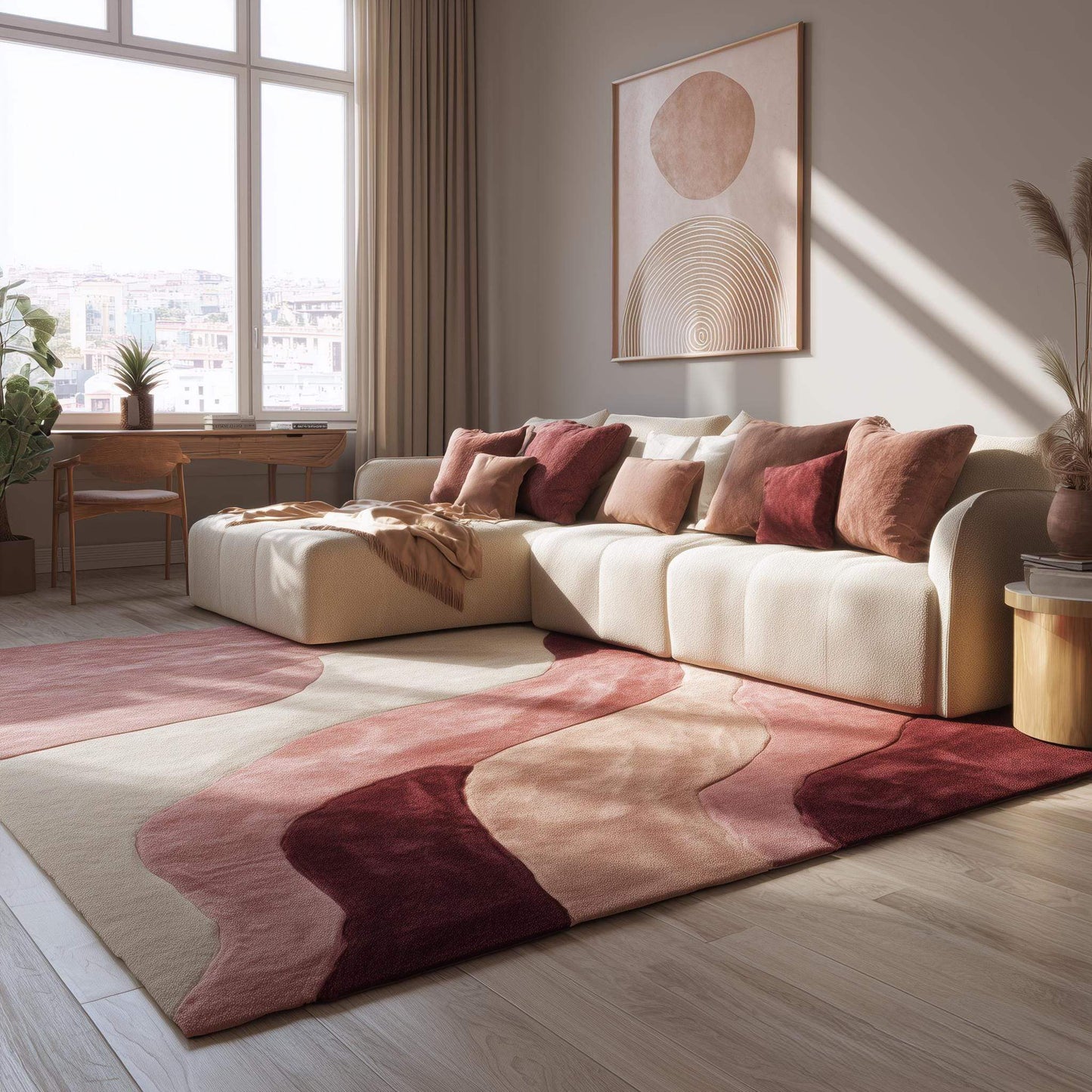 Abstract wavy area rug in burgundy, blush, and cream with plush cut pile and organic wave pattern for living rooms