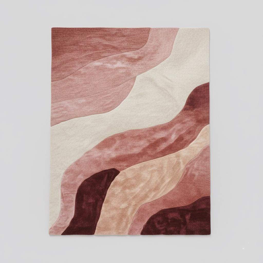 Abstract wavy area rug 9x12 with plush cut pile in burgundy, blush, and cream organic wave pattern for living room