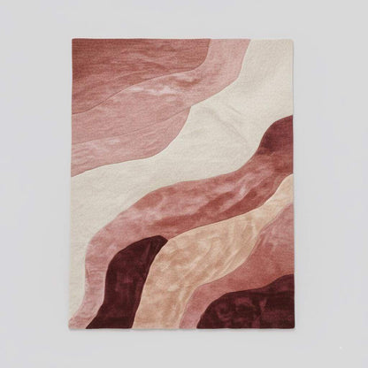 Abstract wavy area rug 9x12 with plush cut pile in burgundy, blush, and cream organic wave pattern for living room