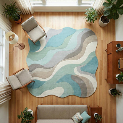 Abstract wavy rug with organic shape in aqua, beige, sage, cream, and grey tones, soft plush texture, mid century and Scandinavian style carpet.