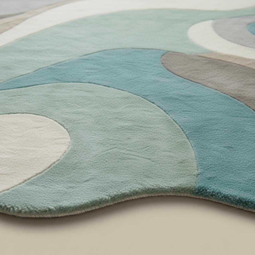 Abstract Wavy Rug, Organic Irregular Shape Area Rug, Mid Century Modern Carpet, Aqua Beige Living Room Rug, Custom Contemporary Decor