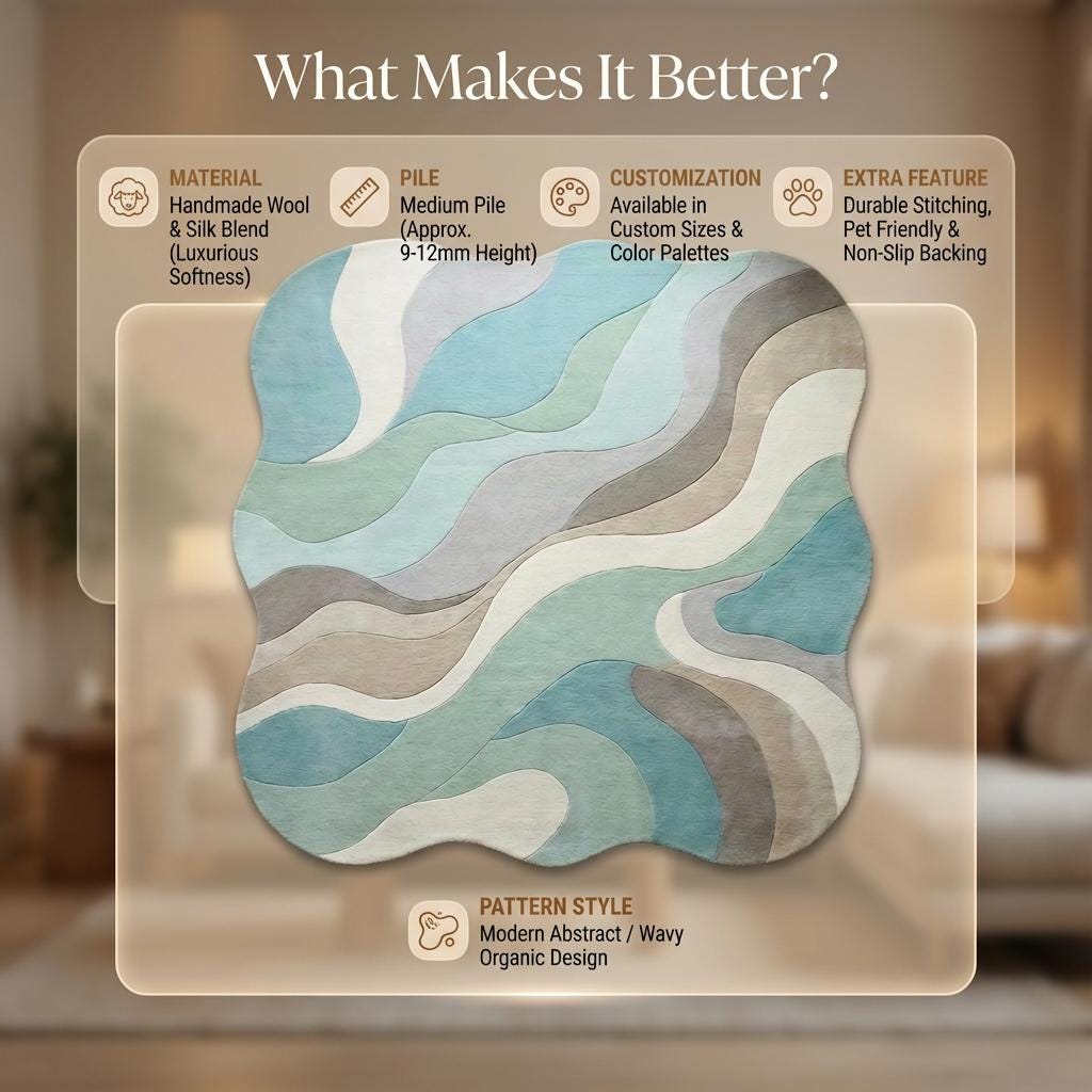 Abstract Wavy Rug, Organic Irregular Shape Area Rug, Mid Century Modern Carpet, Aqua Beige Living Room Rug, Custom Contemporary Decor