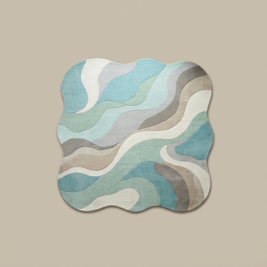 Abstract Wavy Rug, Organic Irregular Shape Area Rug, Mid Century Modern Carpet, Aqua Beige Living Room Rug, Custom Contemporary Decor