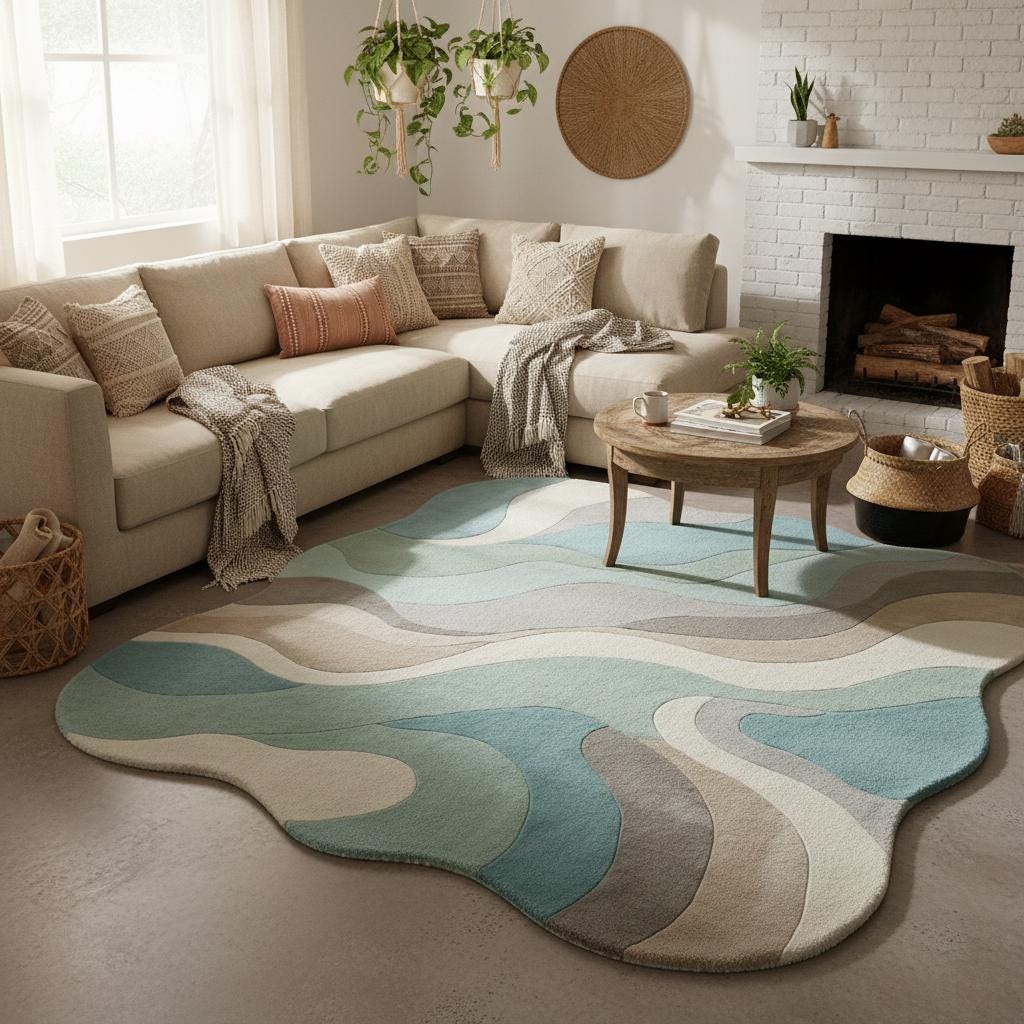Abstract Wavy Rug, Organic Irregular Shape Area Rug, Mid Century Modern Carpet, Aqua Beige Living Room Rug, Custom Contemporary Decor
