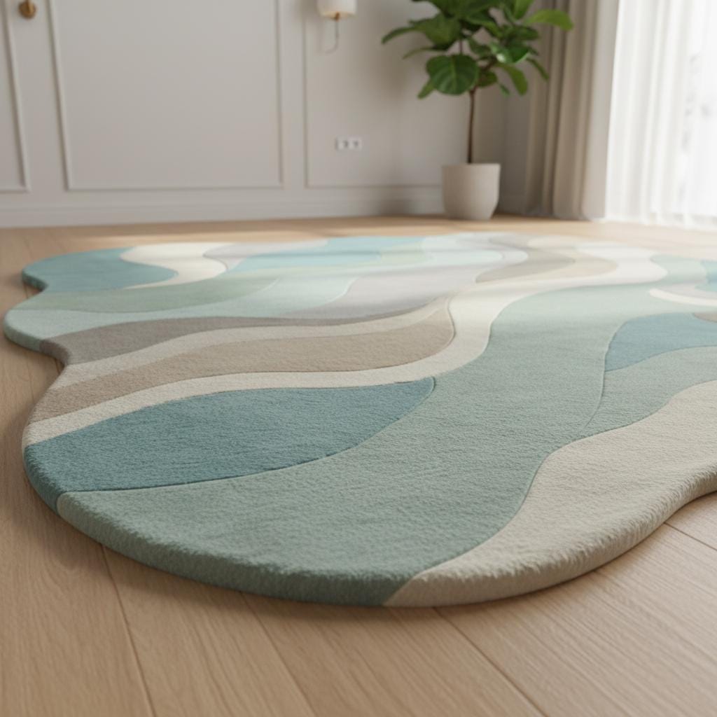 Abstract Wavy Rug, Organic Irregular Shape Area Rug, Mid Century Modern Carpet, Aqua Beige Living Room Rug, Custom Contemporary Decor