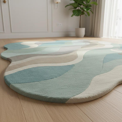 Abstract Wavy Rug, Organic Irregular Shape Area Rug, Mid Century Modern Carpet, Aqua Beige Living Room Rug, Custom Contemporary Decor