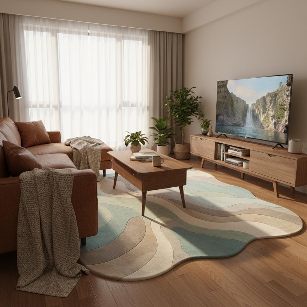 Abstract Wavy Rug, Organic Irregular Shape Area Rug, Mid Century Modern Carpet, Aqua Beige Living Room Rug, Custom Contemporary Decor