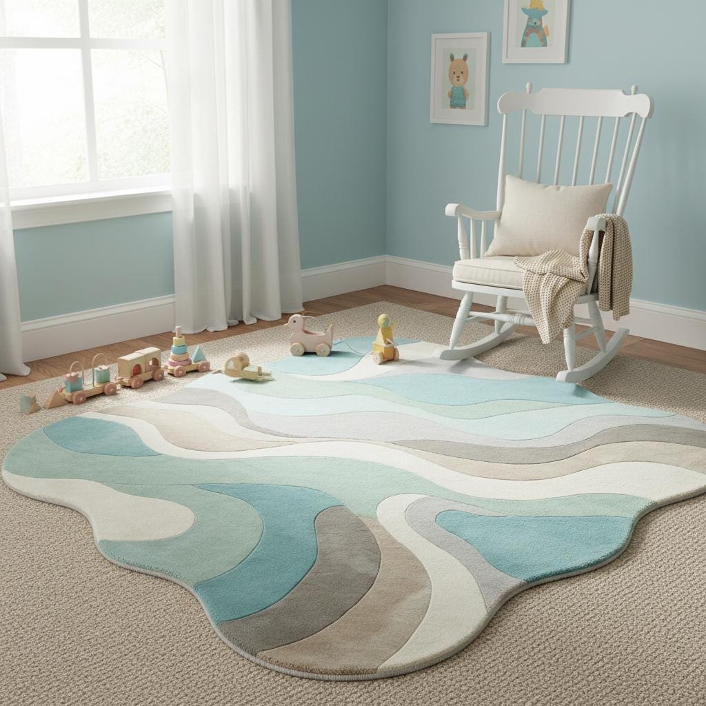 Abstract Wavy Rug, Organic Irregular Shape Area Rug, Mid Century Modern Carpet, Aqua Beige Living Room Rug, Custom Contemporary Decor