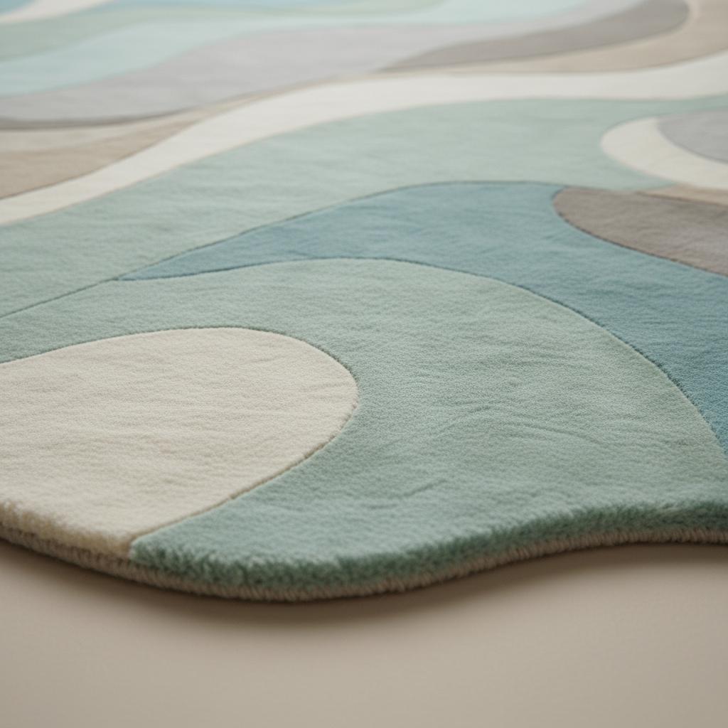 Abstract Wavy Rug, Organic Irregular Shape Area Rug, Mid Century Modern Carpet, Aqua Beige Living Room Rug, Custom Contemporary Decor