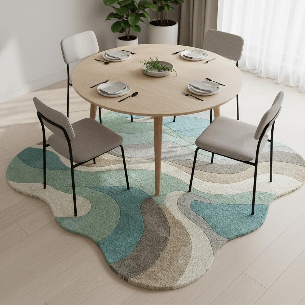 Abstract Wavy Rug, Organic Irregular Shape Area Rug, Mid Century Modern Carpet, Aqua Beige Living Room Rug, Custom Contemporary Decor