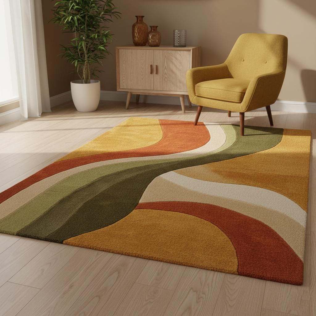 Hand tufted abstract wool rug with retro geometric pattern and organic curves in warm earthy tones